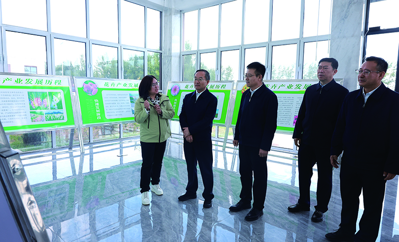 省委常委、政法委書記鄭藝（左二）在凌源市花卉研發(fā)中心詳細(xì)了解花卉種植品種、技術(shù)應(yīng)用、市場(chǎng)拓展等情況。 本報(bào)記者 孟浩 攝