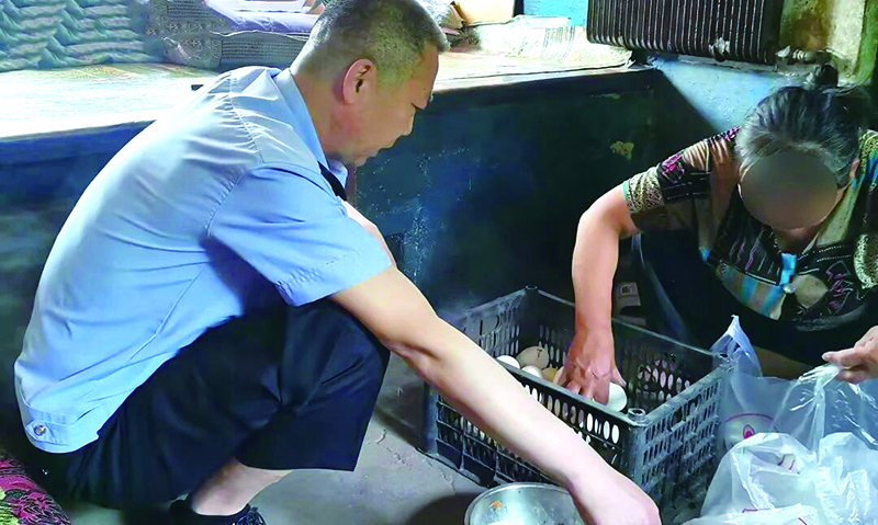 頭題圖，劉大銘幫轄區(qū)困難群眾分撿雞蛋